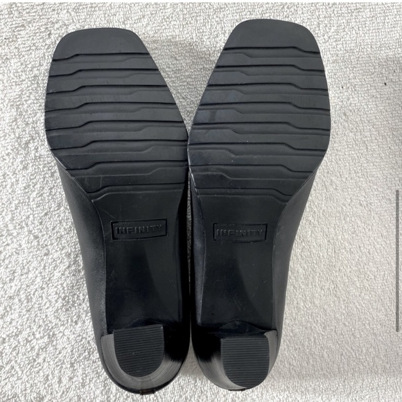 Infinity Black Leather Slip On Square Toe Low Heels W Brown Peekaboo Toe 7.5 - Picture 6 of 14